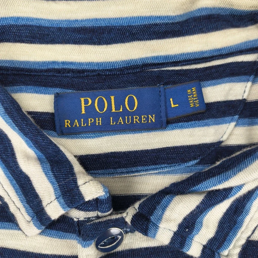 Polo Ralph Lauren Mens Large Blue White‎ Striped Short Sleeve Pocket Polo Shirt